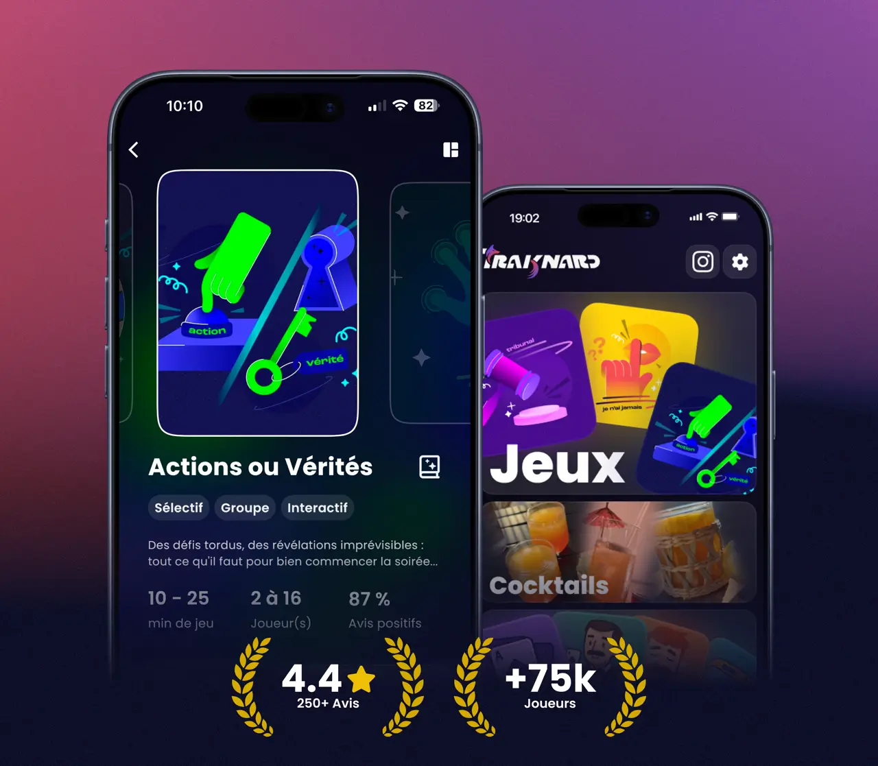 L'application Traknard sur iPhone : le jeu Actions ou Vérités et la sélection de jeux